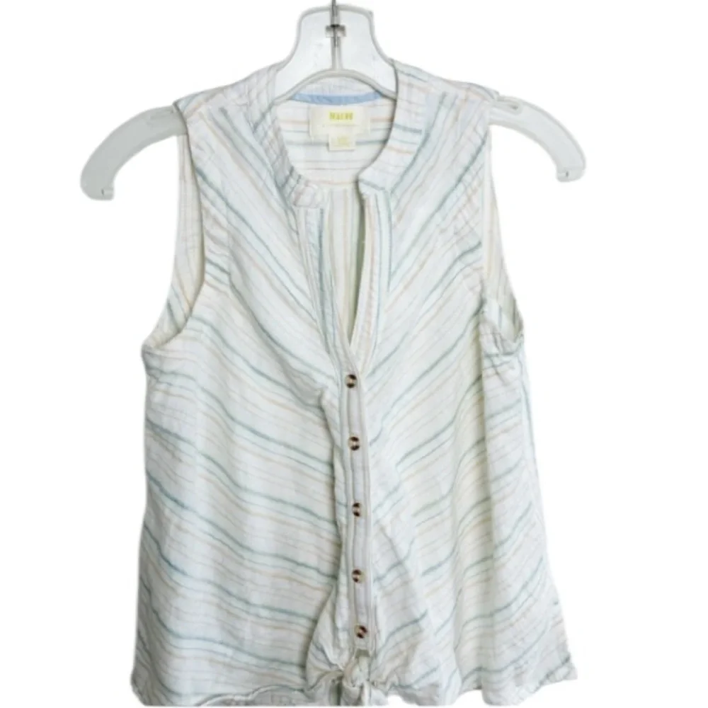 Anthropologie Maeve Blue Stripe Button/Tie Front Sleeveless Top Sz 0/XS Beachy